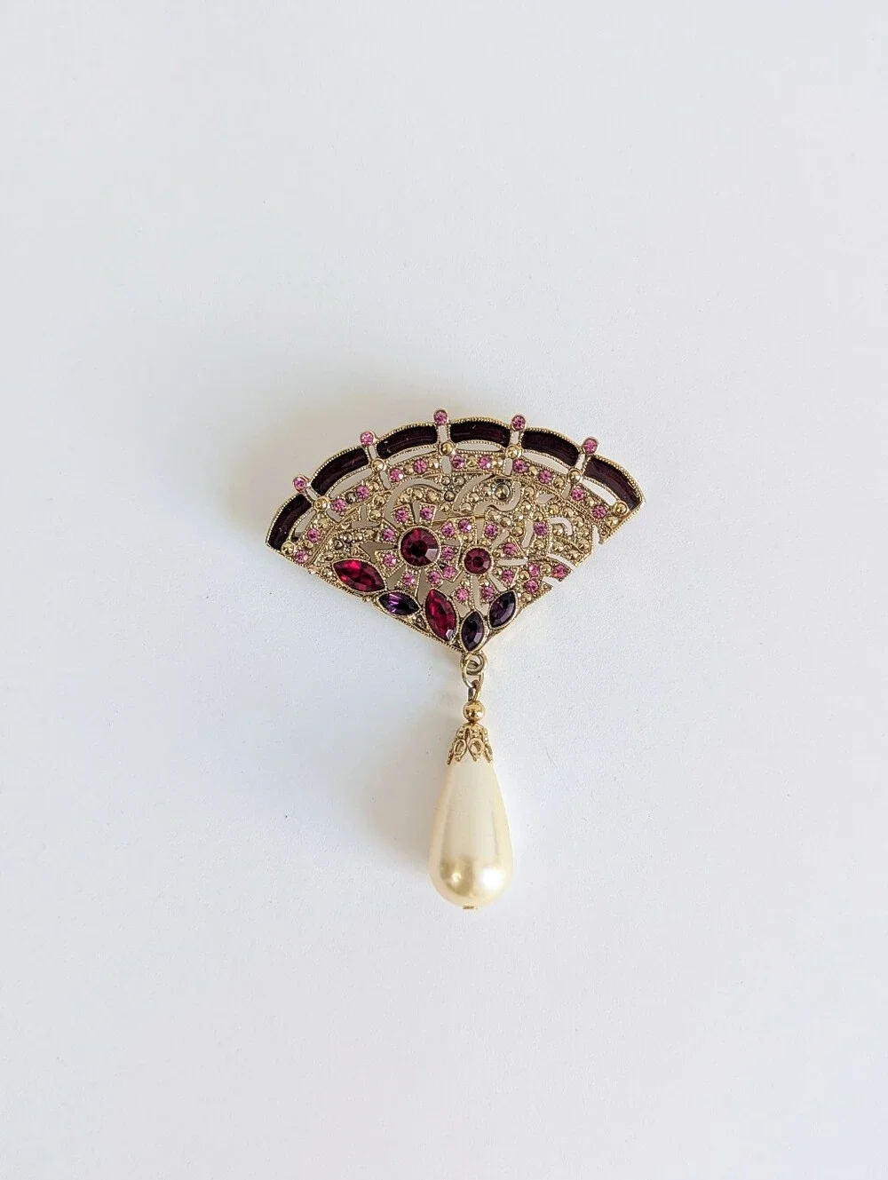 Vintage Art Deco Fan Brooch Pink Purple Rhinestones Faux Pearl Dangle Pin Gold
